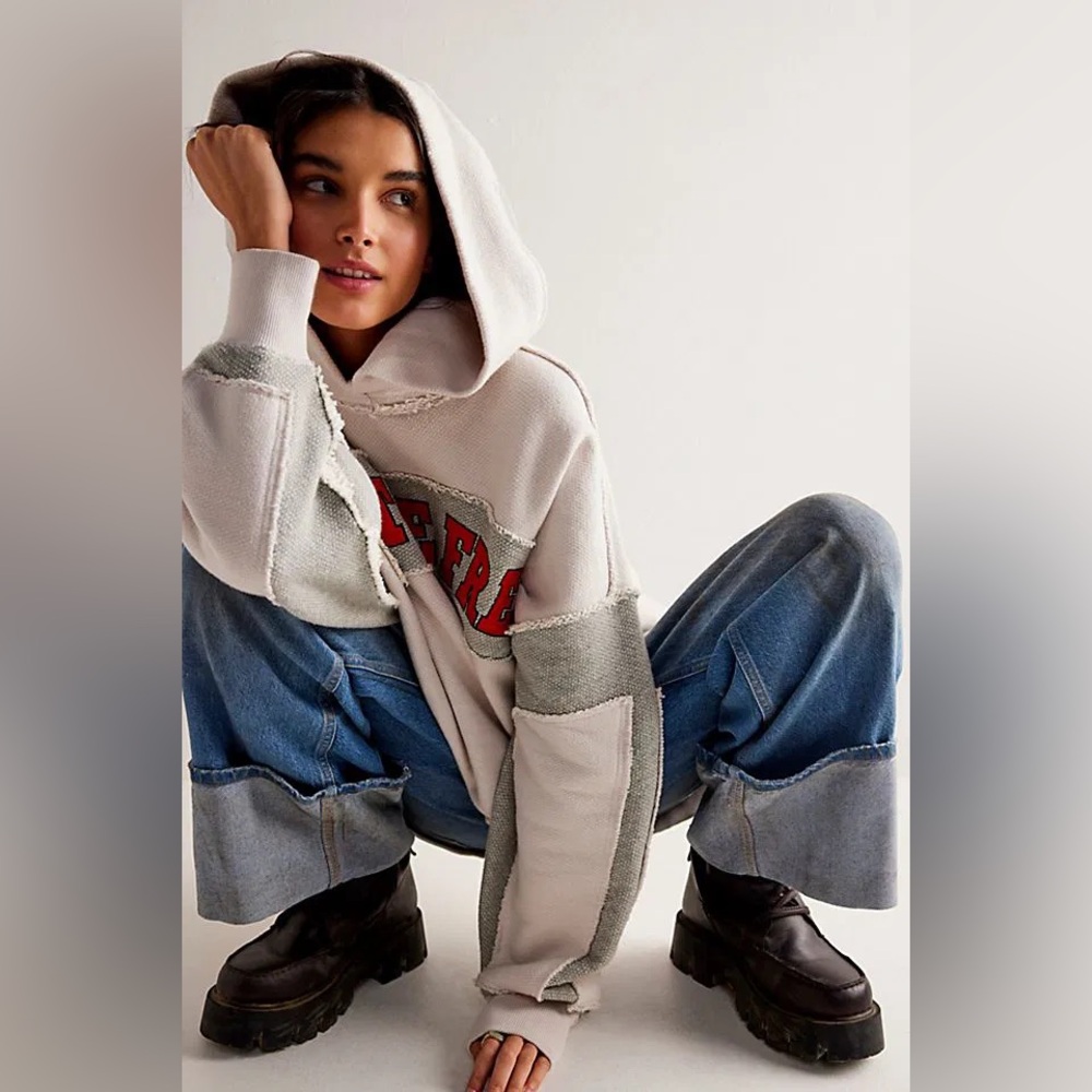 Free People Oversized Hooded Sweatshirt in Light Beige with Red Lettering - Picture 2 of 5